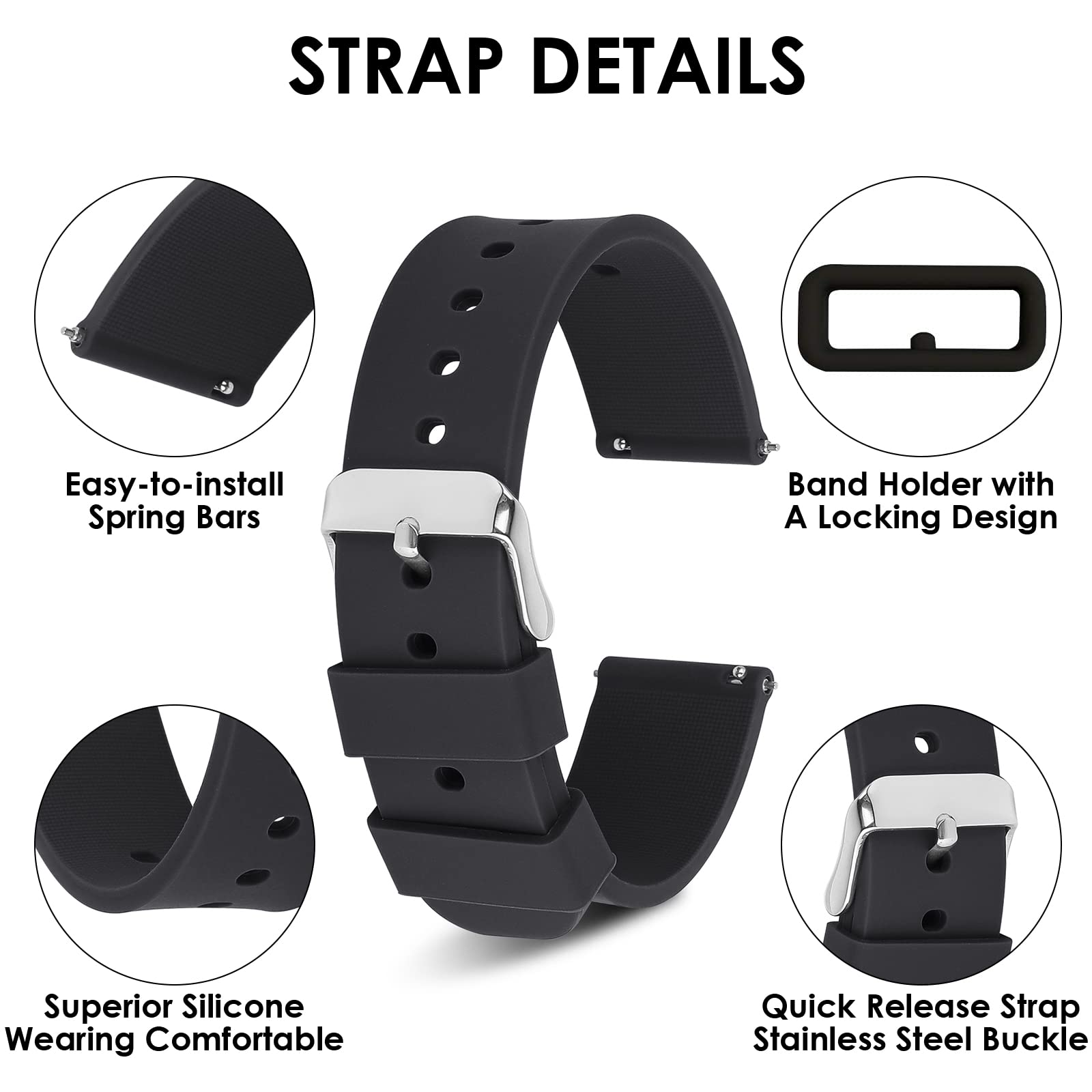 cobee Silicone Watch Bands 18mm 20mm 22mm Quick Release Replacement Watchbands Straps with Stainless Steel Buckle Soft Rubber Watch Band for Men