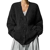 Women's Chunky Fuzzy Cardigan V Neck Slouchy Mohair Sweaters Long Sleeve Button Down Knit Furry Sweater Coat