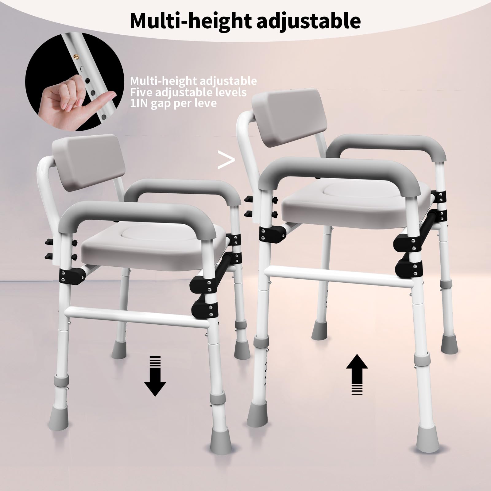 Adjustable Medical Bedside Commode Chair with Padded Backrest, Drop Arm Support, Height Adjustable, Gray
