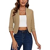 MINTLIMIT Blazers for Women Business Casual 3/4 Ruched Sleeve Cropped Blazer Jacket Open Front Collarless Suit Jacket,Khaki,M