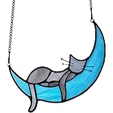 BOXCASA Handcrafted Grey Cat on Moon Stained Glass Suncatcher - Decorative Window Hanging for Cat Lovers, Mothers Day for Women,Mom,Daughter,Wife