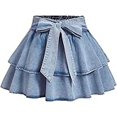 WDIRARA Women's Plus Size Bow Mini Denim Skirt Layered Ruffle Elastic Waist A Line Jean Skirts
