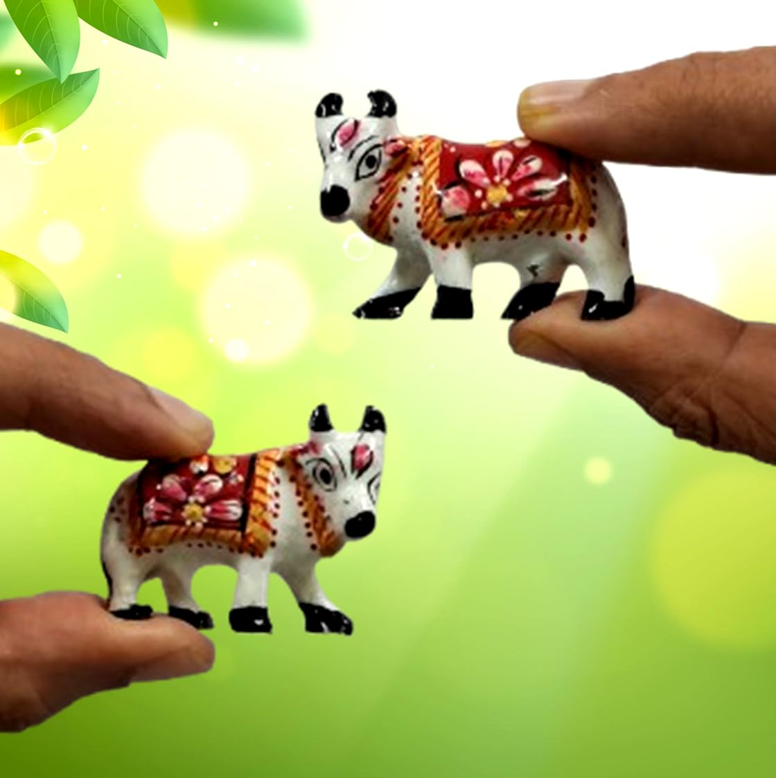 Purpledip Enamelled Metal Miniature Sideways Cow Pair: Colorful Meenakari Art, Set of 2 Figurines (12291)