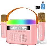 Karaoke Machine, Karaoke Machine for Kids Adults with Lyrics Display, Portable Bluetooth Dual Speaker with 2 Wireless Microphones, 7 Modes Night Lights, White Noise, 8G Card, Card Reader (Pink)