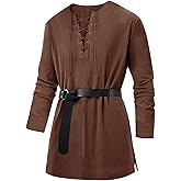 Runcati Mens Medieval Pirate Costume Tunic Renaissance Viking Lace Up Cotton Shirts Knight Warrior LARP Halloween Tops