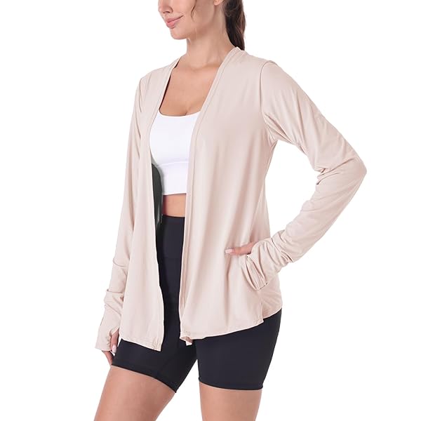 MAISON MISFITS 15 WOMENS LIGHTWEIGHT SUMMER CARDIGAN RASH GUARD UPF 50 LONG SLEEVE UV SHIRT WITH POCKETS THUMB HOLE BEIGE, XX-LARGE