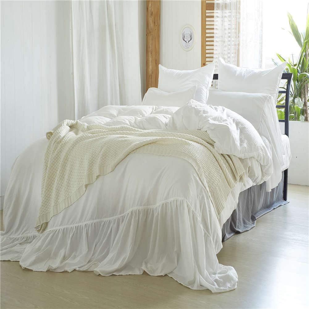 DECMAY Super Soft Washed Cotton White Duvet Cover Set with Mermaid Long Ruffle Shabby Chic Bedding and Shabby Chic Pillow Case Luxury Bedding Collections 2PCS Bedding for Kids Girls