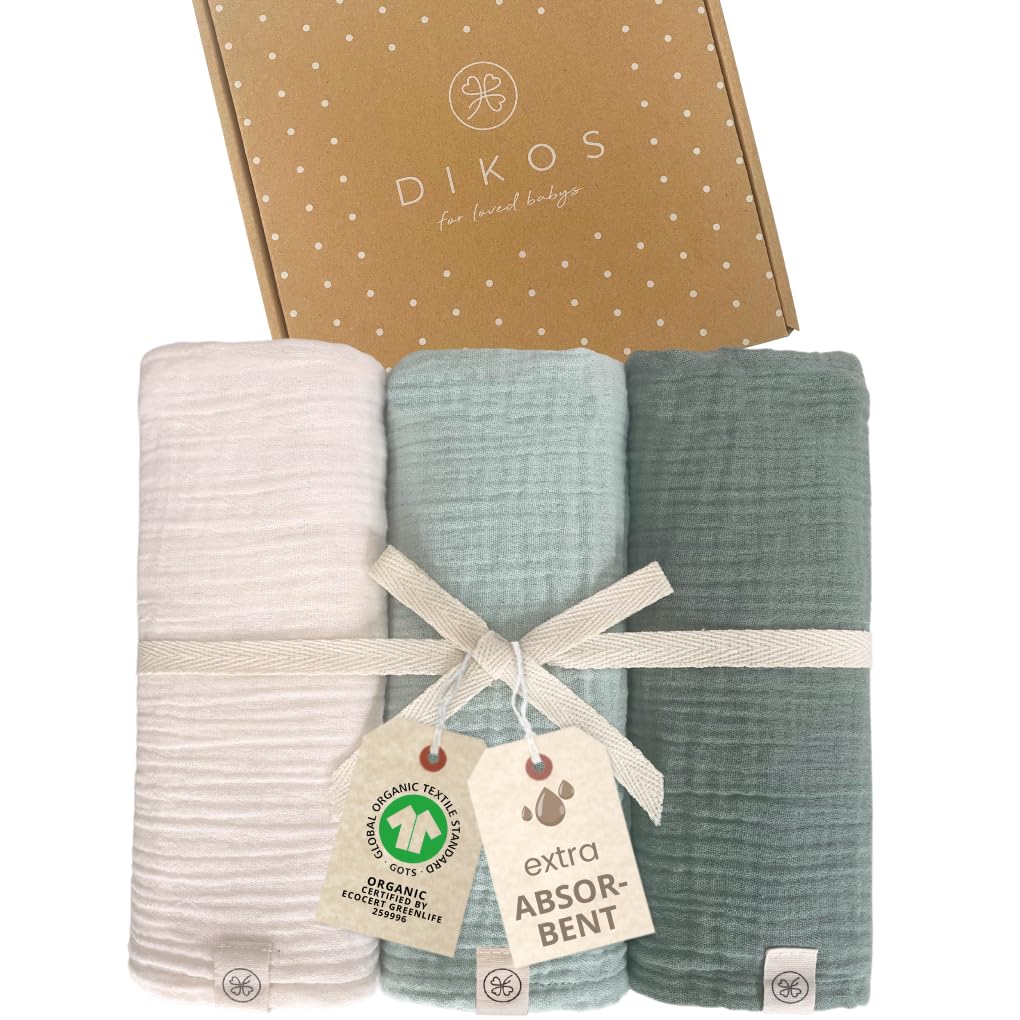 Baby Muslin Cloths Set of 3 Mint, Cream Creped, 64 x 64 cm, 100% GOTS Organic Cotton, Muslin Cloth, Burp Cloth, Boys and Girls, Molleton Cloth, Muslin Nappies, Newborn First Equipment Gift for Birth