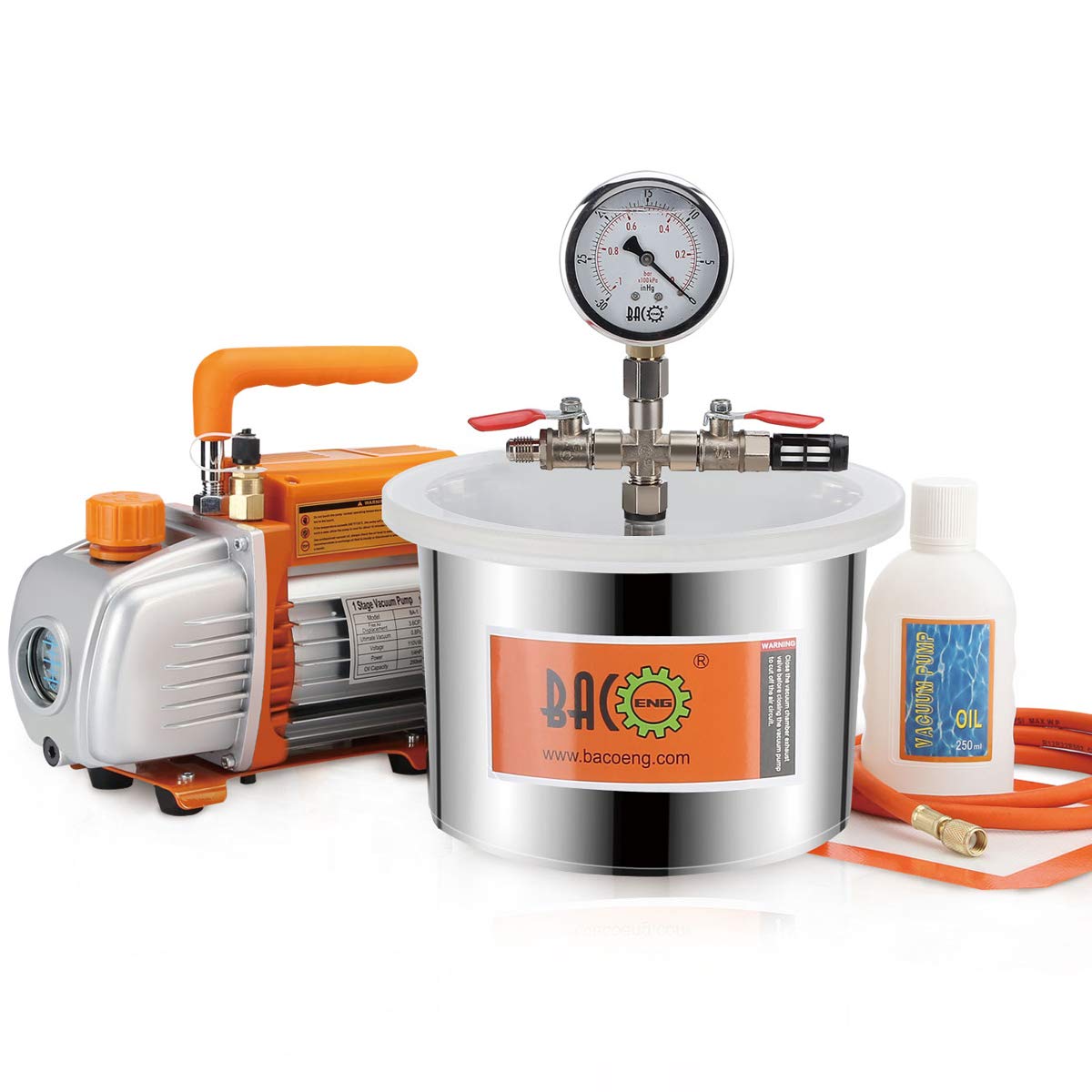 BACOENG 6.8 Liter Vacuum Chamber Kit with 3 CFM Single Stage Vacuum Pump, 3 Pin UK Plug