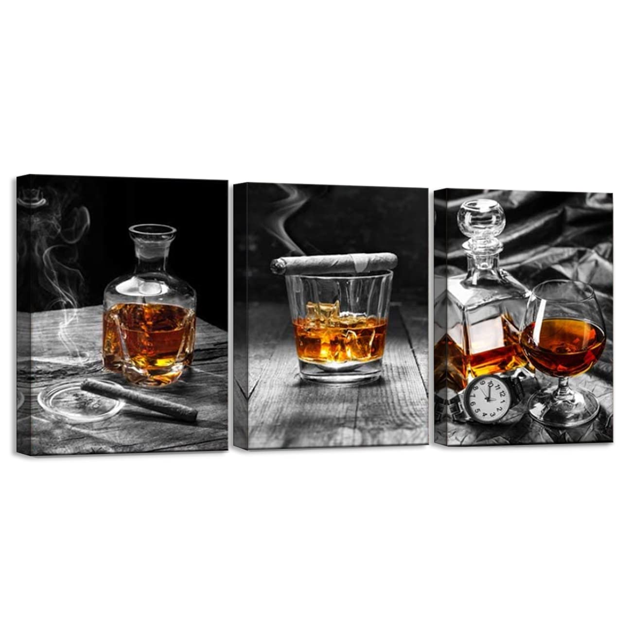 ZHONGYUTONG 3 Piece Canvas Prints Cigar Wine Whisky Wall Art Liquor Still Life Decor Vintage Black and White Backgaroud Paintings Artwork for Bar Pub Western Decorations (12'' x 16'' x3PCS, Framed)