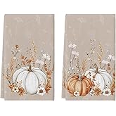 Artoid Mode Grey Pumpkin Fall Kitchen Towels Dish Towels, 18x26 Inch Farmhouse Flowers Wildflower Decoration Hand Towels Set of 2