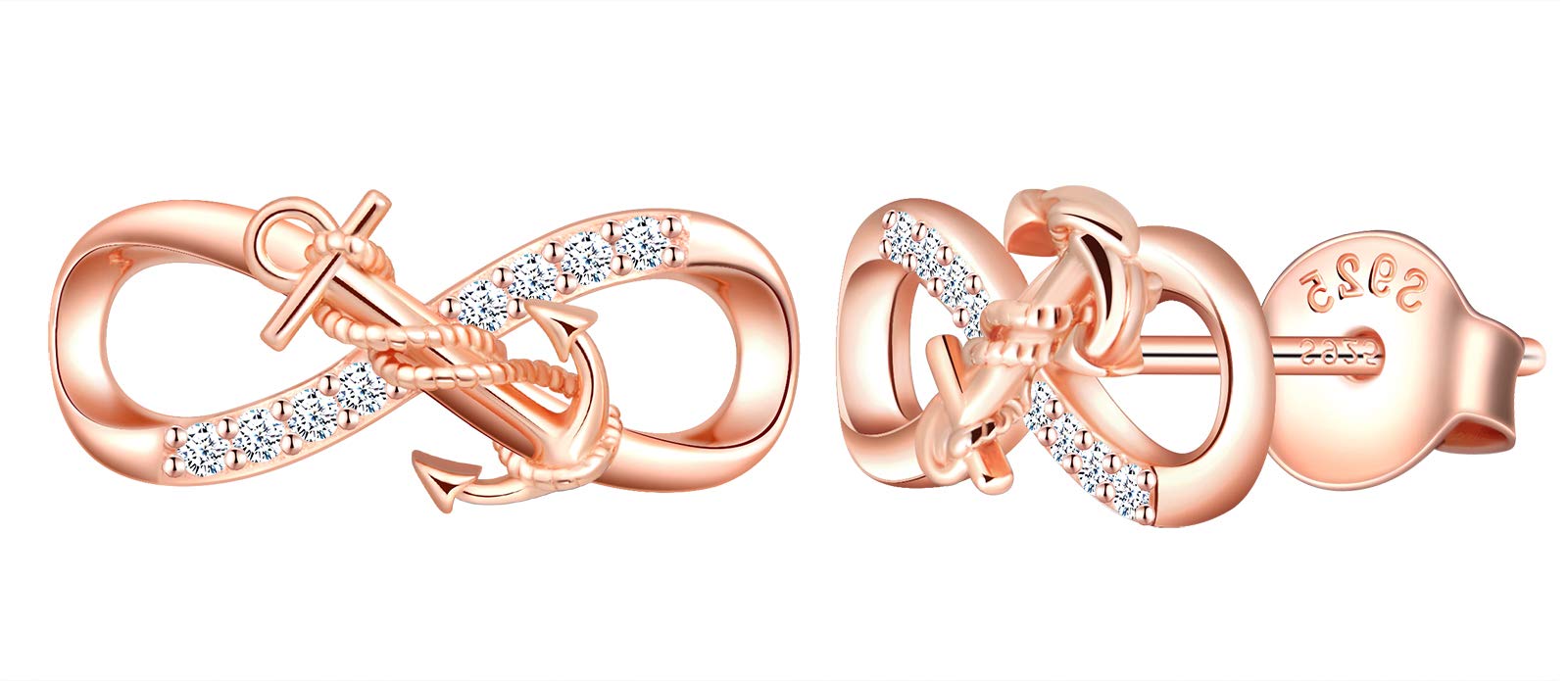 MicLee Woman's girl's Earrings, 925 Sterling silver anchor earrings, Mini infinity symbol earrings studs, Inlaid zircon, rose gold