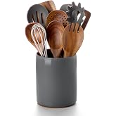 Nucookery Ceramic Kitchen Utensil Holder for Countertop Organizer 6.4" Gray | cooking utensil crock for kitchen counter, sturdy non-slip base,easy to clean,vintage farmhouse kitchen decor, Christmas Gift