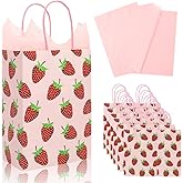 Strawberry Party Favor Bags with Handles, 12Pcs Cute Strawberry Paper Gift Bags + 20Pcs Pink Tissue Paper Party Decorations Set for Girls Boys Sweet One Shortcake Birthday Baby Shower Wedding Decor