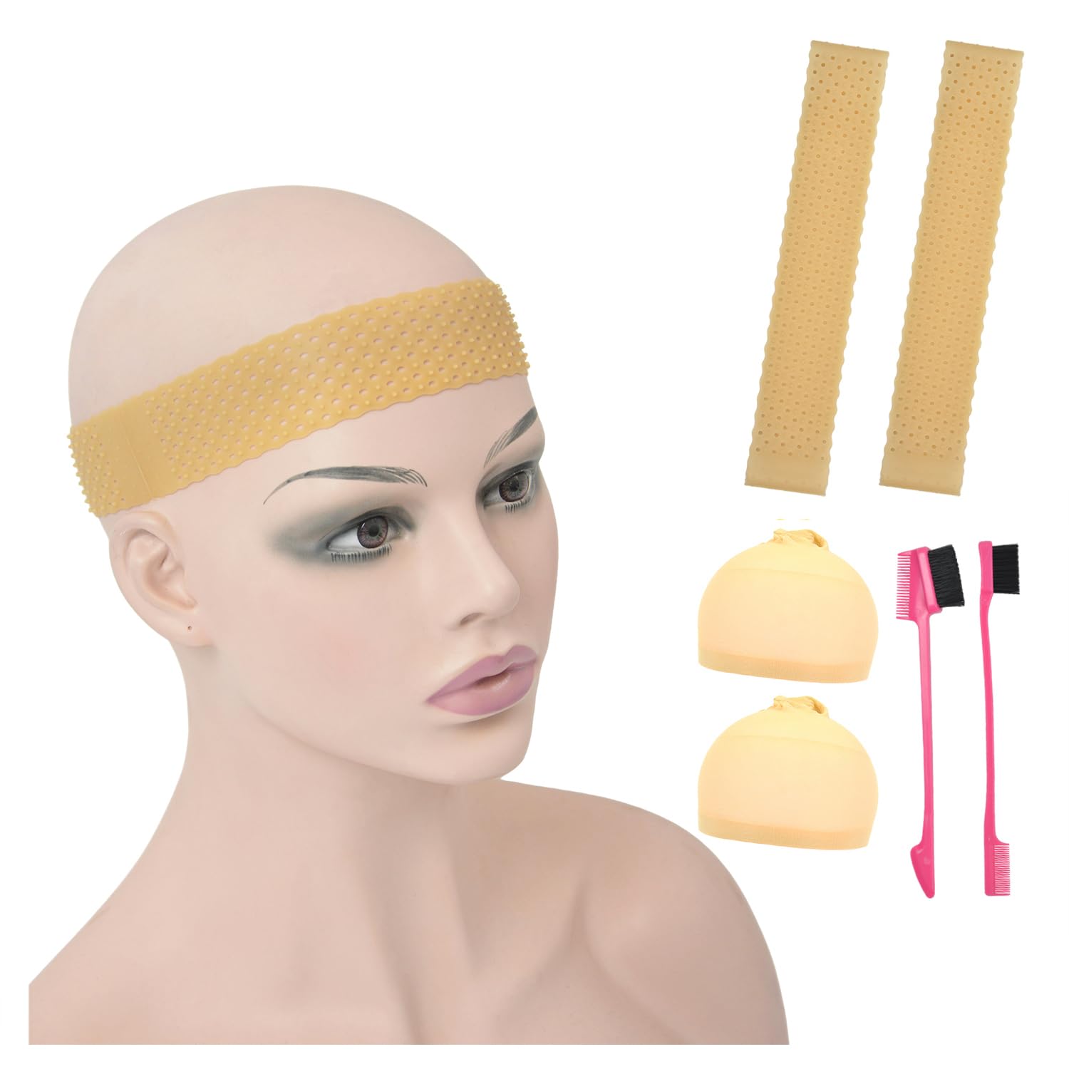2 Pcs Breathable Non Slip Elastic Silicone Wig Grip Headbands with Stocking Caps Hairbrush - Light Brown