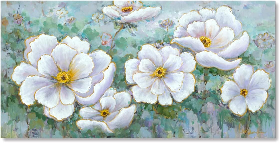 Paintings - Textured Turquoise Abstract Floral Wall Art Hand Painted White Flower Oil Painting on Canvas