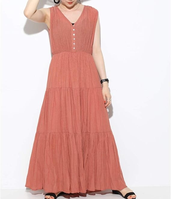 Amazon Co Jp ビス Vis Web限定 楊柳ノースリーブティアードワンピース レンガ 75 F 服 ファッション小物