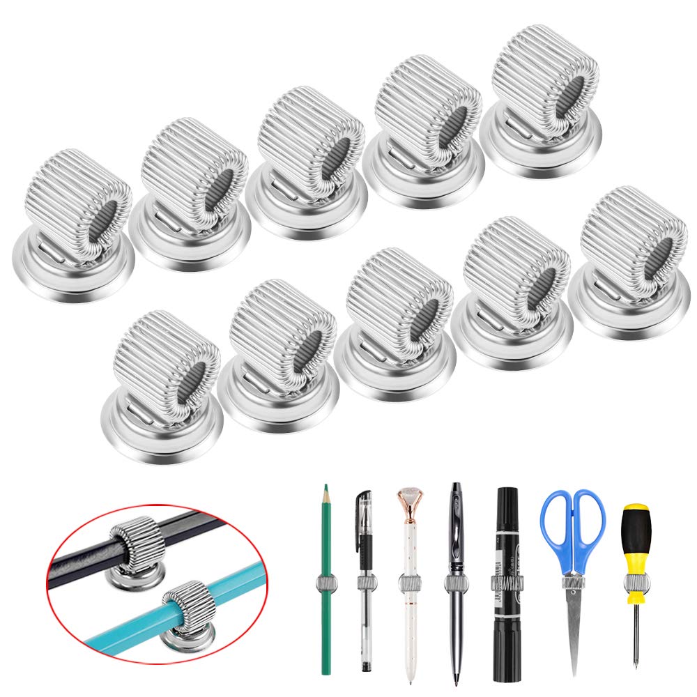 10PCS Pen Holder Clips Strong Magnetic Pencil Clip with Adjustable Spring Loop Stainless Steel Pen Clip Fit Any Size Pens Markers for Home Office Refrigerator Whiteboard