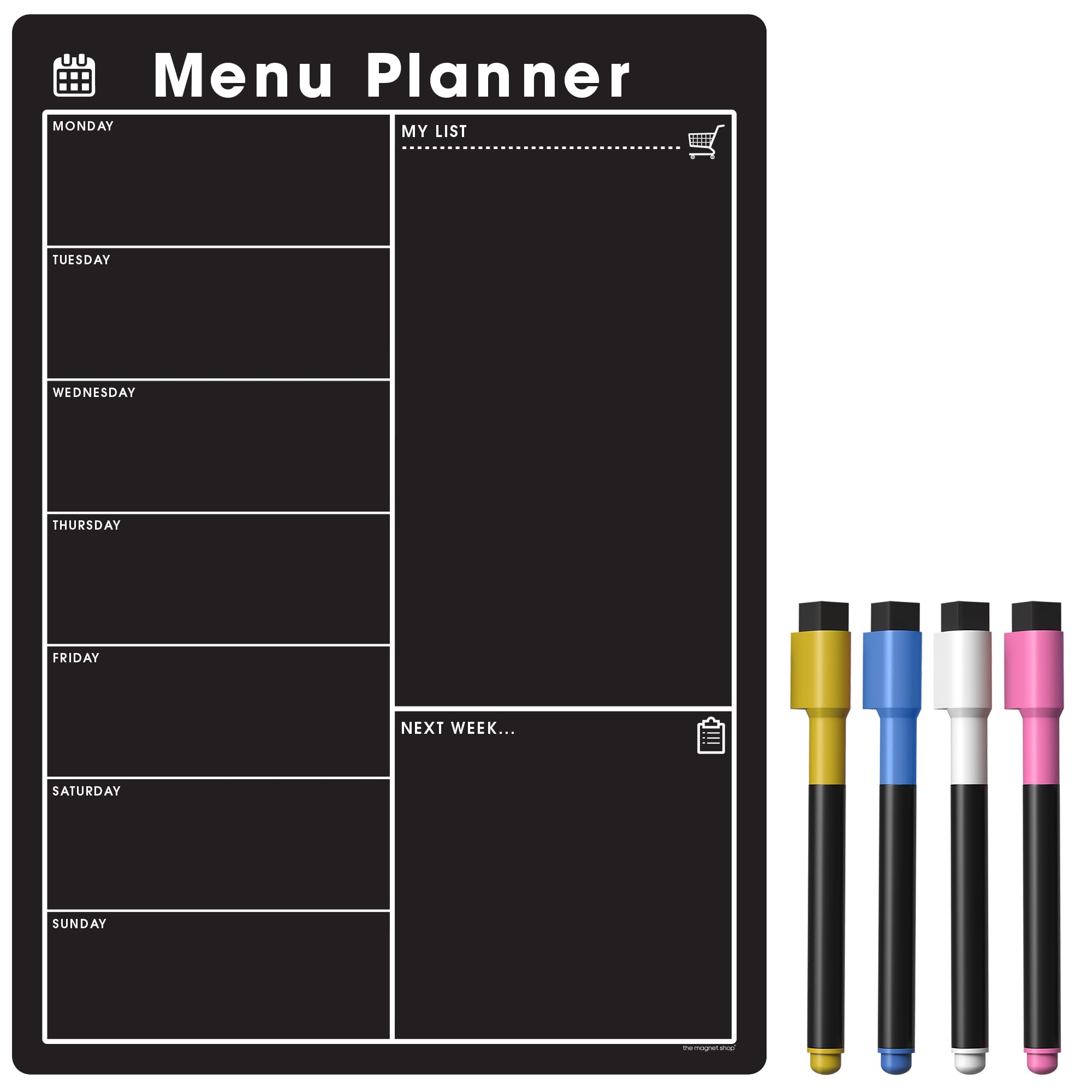 TMS Weekly Meal Planner for Fridge | Magnetic Whiteboard Calendar and Shopping List | Dry Wipe Memo Board for Kitchen | Made in The UK (A4 (30 x 21cm), ‎Black Chalkboard)