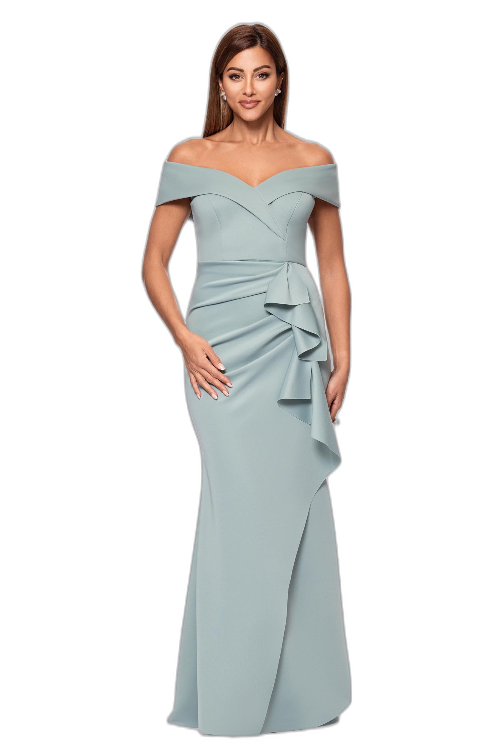 Photo 1 of Xscape Women's Long Off The Shoulder Sweetheart Neck Side Ruffle Gown (Reg and Petite), Sage, 14P