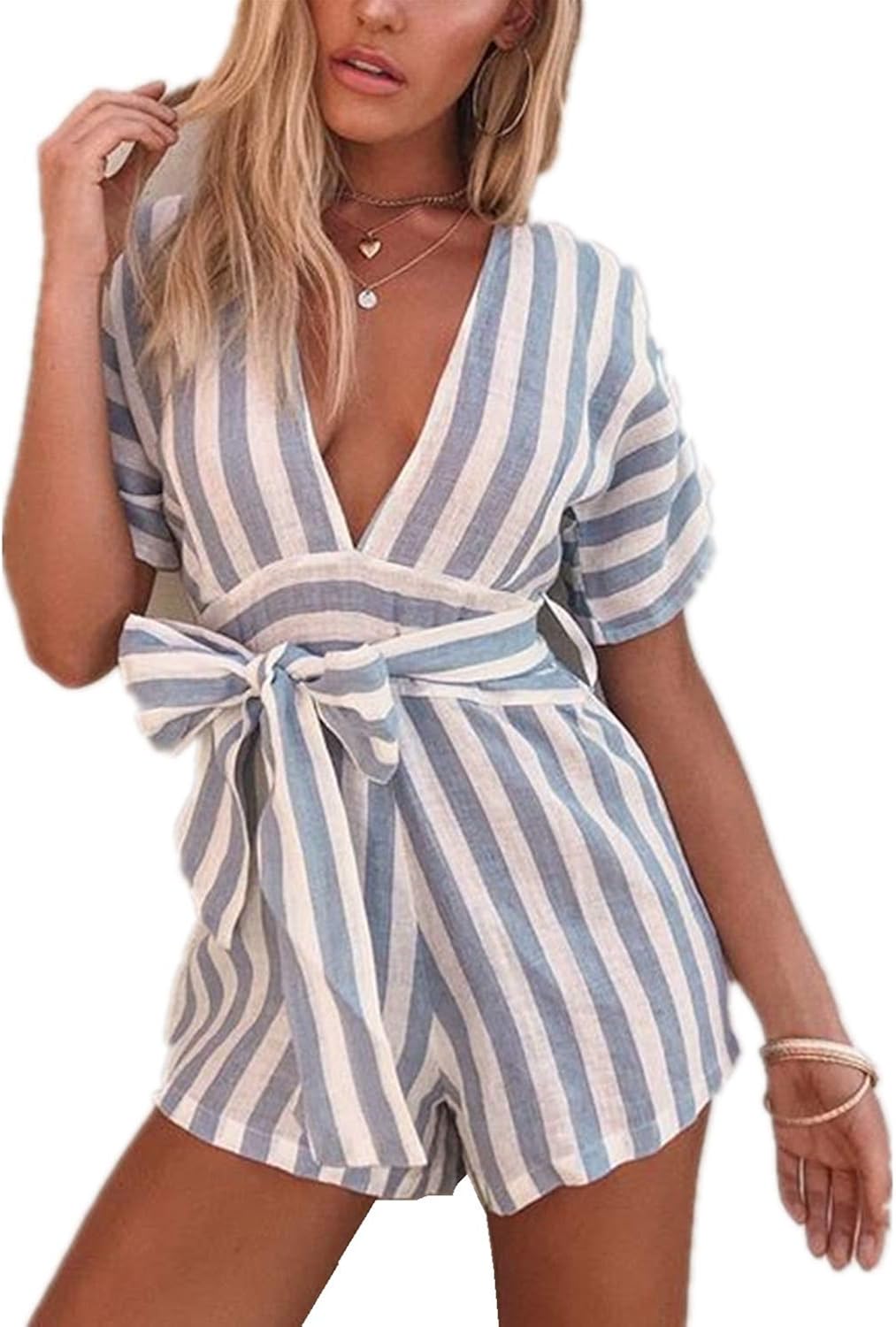 v neck striped jumpsuit
