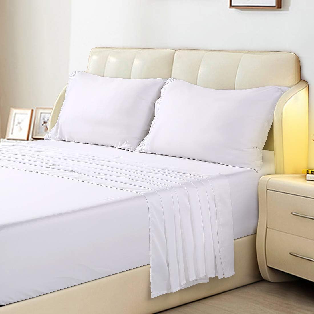 TEKAMON Premium 4 Piece Bed Sheet Set 1800TC Bedding 100% Microfiber Polyester - Super Soft, Warm, Breathable, Cooling, Wrinkle Free - 10-16" Extra Deep Pockets, King, White