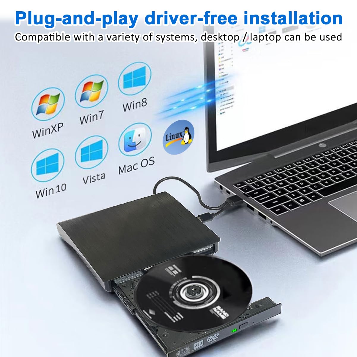 External DVD Drive, USB 3.0 & Type-C Portable Player, External CD/DVD Burner, CD DVD +/-RW Drive, Compatible with Laptop, MacBook, Windows, Linux PC