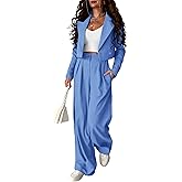 PRETTYGARDEN Women's 2 Piece Casual Outfits Cropped Blazer Jackets High Waisted Wide Leg Work Pants Suit Set