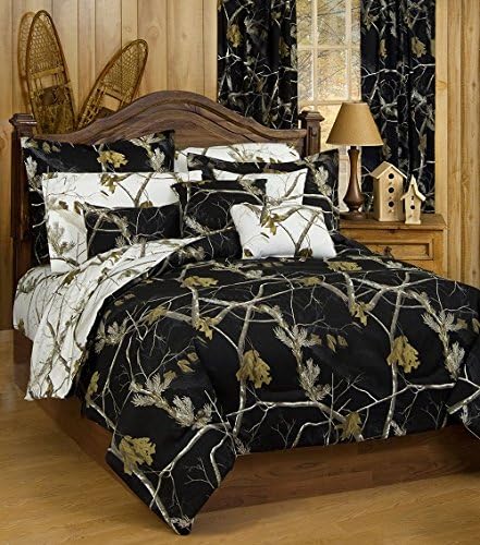 Realtree AP Black Camo 7 Pc Full Size Reversible Comforter Set &amp; AP White Camo Sheet Set Plus 1 Valance: (1 Reversible Comforter, 1 Sheet Set, 2 Pillow Cases, 2 Pillow Shams, 1 Valance)