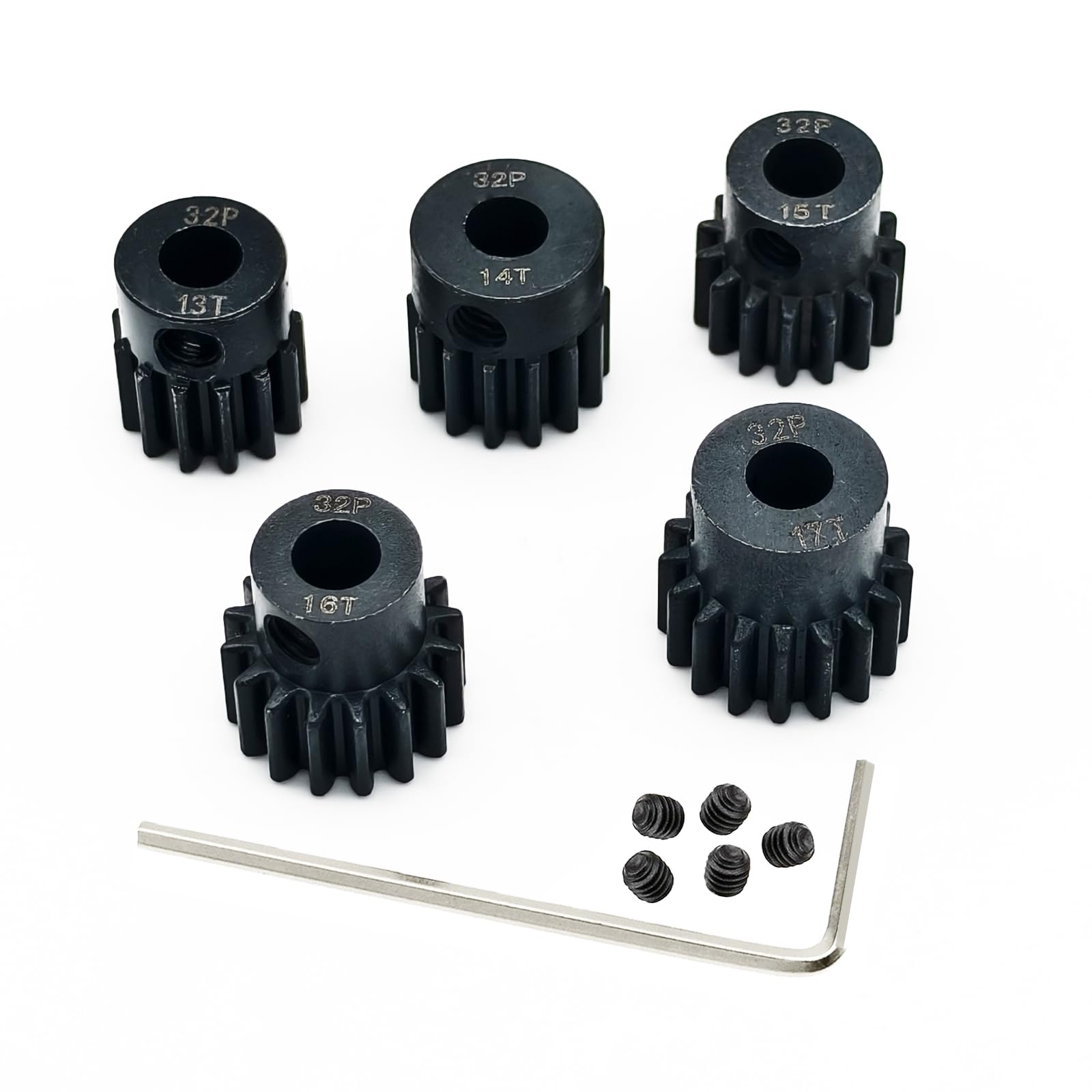 5-Pack Black Steel Metal 5mm Pinion Motor Gear Sets 13T 14T 15T 16T 17T Compatible with HPI Kyosho Losi Axial Tamiya 1/8 1/10 RC Car Monster Truck Buggy