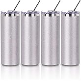 PYD Life Sublimation Blank Glitter Skinny Tumbler Silver 20 OZ Straight Stainless Steel Coffee Cups with Lid and Metal Straw for Tumbler Heat Press Sublimation Oven Printing 4 Pack