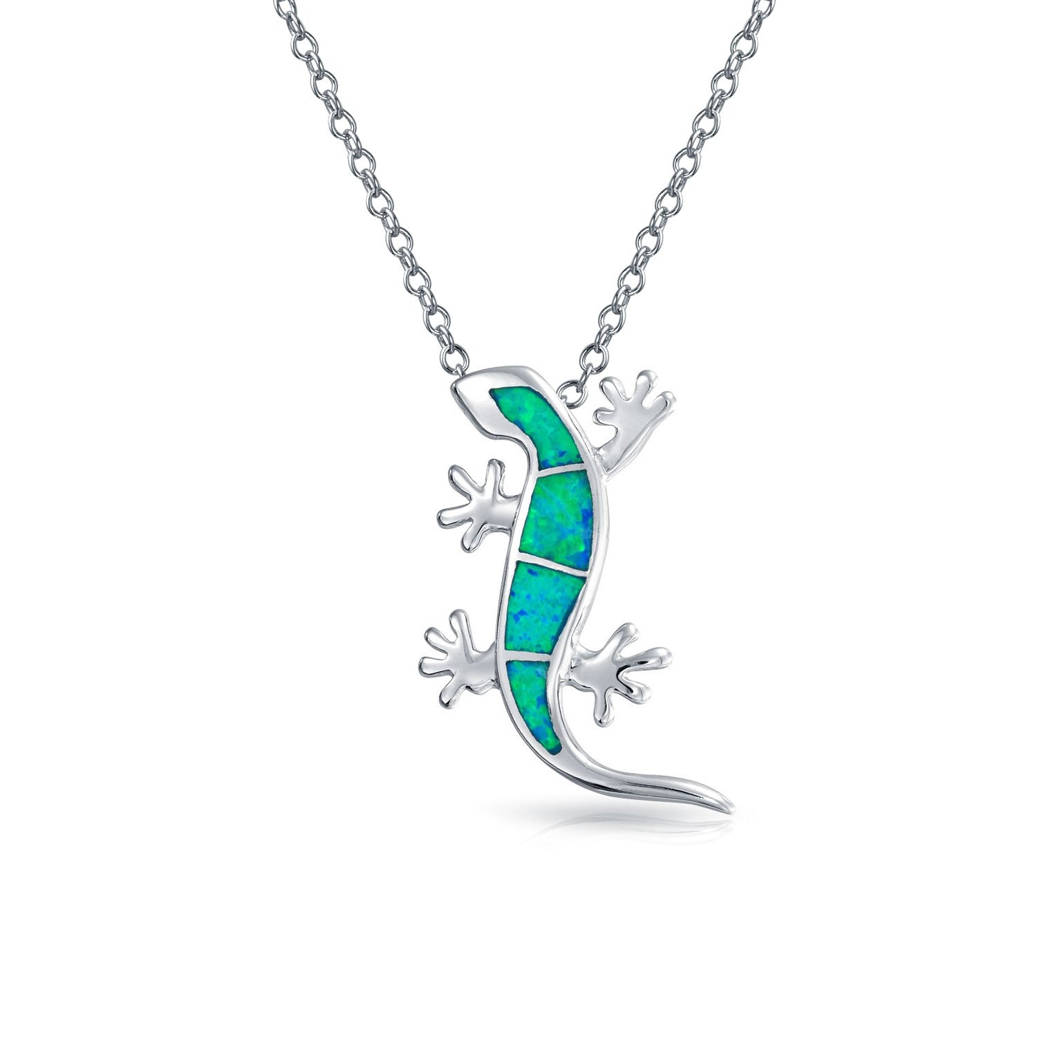 Bling Jewelry Nautical Tropical Vacation Beach Green Created Opal Gecko Lizard Pendant Necklace For Women Teen .925 Sterling Silver — image 1