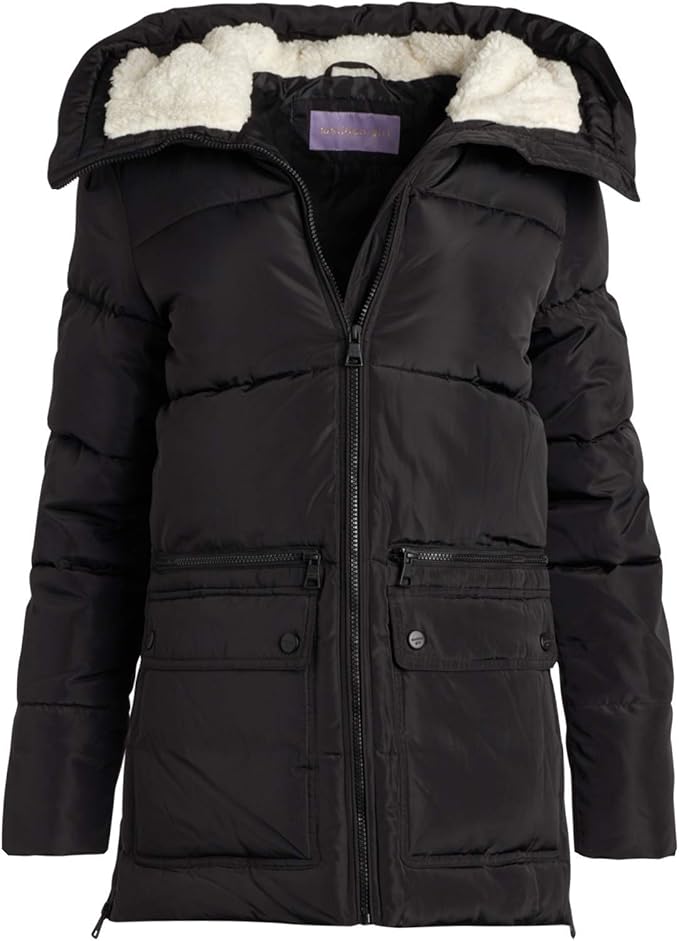 Madden Girl Women's Heavyweight Puffer Jacket with Sherpa Lined Hood