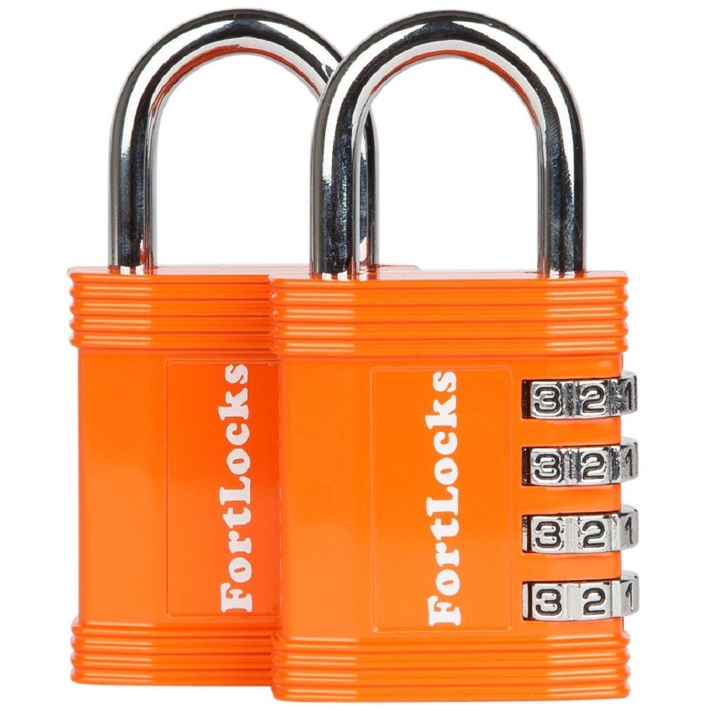 FortLocks Gym Padlock | 4-Digit Combination Lock for Indoor Lockers & Outdoor Use | Heavy-Duty, Rustproof, Weatherproof | 2-Pack, Orange