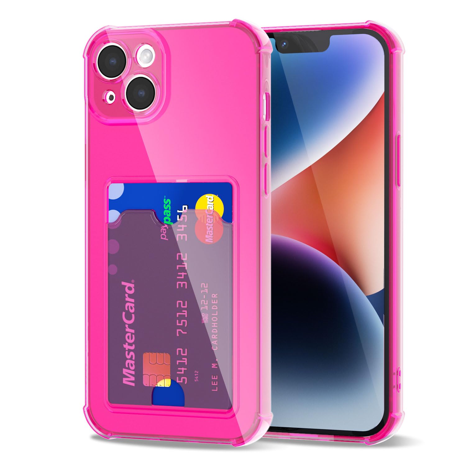 Svanove for iPhone 14 Plus Case Wallet Clear, Card Holder Case with Credit Card Slot, Thin Slim Transparent Silicone Grip Soft Rubber Protective Shockproof Airbag Bumper for Women, Hot Pink