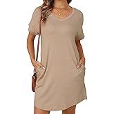 YEXIPO Womens Summer Dresses 2025 Short Sleeve V Neck Loose Casual Solid Color Tshirt Dress with Pockets