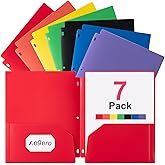 Aegero Plastic 3 Hole Punch Folders with Pockets (7 Pack, Assorted Colors), Fits 3-Ring Binder, Divider Folder for Notebook, 