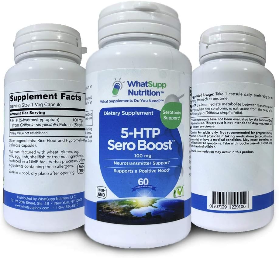 5-HTP Sero Boost 100 Mg | Serotonin Supplement Mood Booster – 5-Hydroxytryptophan Neurotransmitter Support – Appetite Suppressant,Sleep & Weight Loss Aid – 100 mg, 60 Veg Capsules - WhatSupp Nutrition