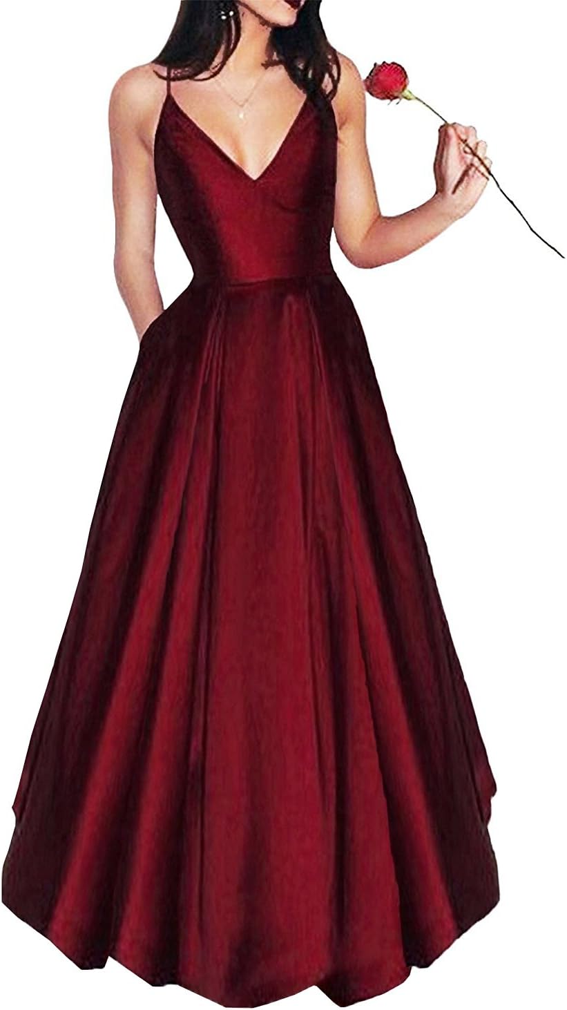 Long Spaghetti Straps V-Neck Satin A-Line Prom Dress With Pockets
