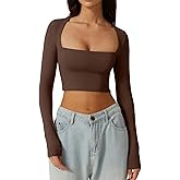 QINSEN Women's Sexy Square Neck Crop Top Long Sleeve Slim Fit Cropped T Shirts