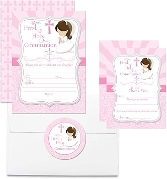 Lot De Cartes D Invitation A Remplir Pour Fete De Premiere Communion Peau Claire Cheveux Bruns Avec Cartes D Invitation De 12 7 X 17 8 Cm Cartes De Remerciement Autocollants Et Enveloppes Amazon Fr