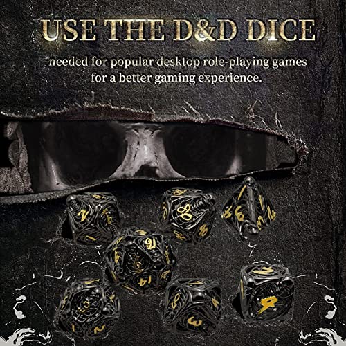 DND Metal Dice Set, Hollow Skull D&D Dice Sets, ZHOORQI 7Pcs Bronze Polyhedral Dices for Tabletop Games Dungeons and Dragons D&D Dice MTG Pathfinder Role Playing Game DND Collection (Black Gold)