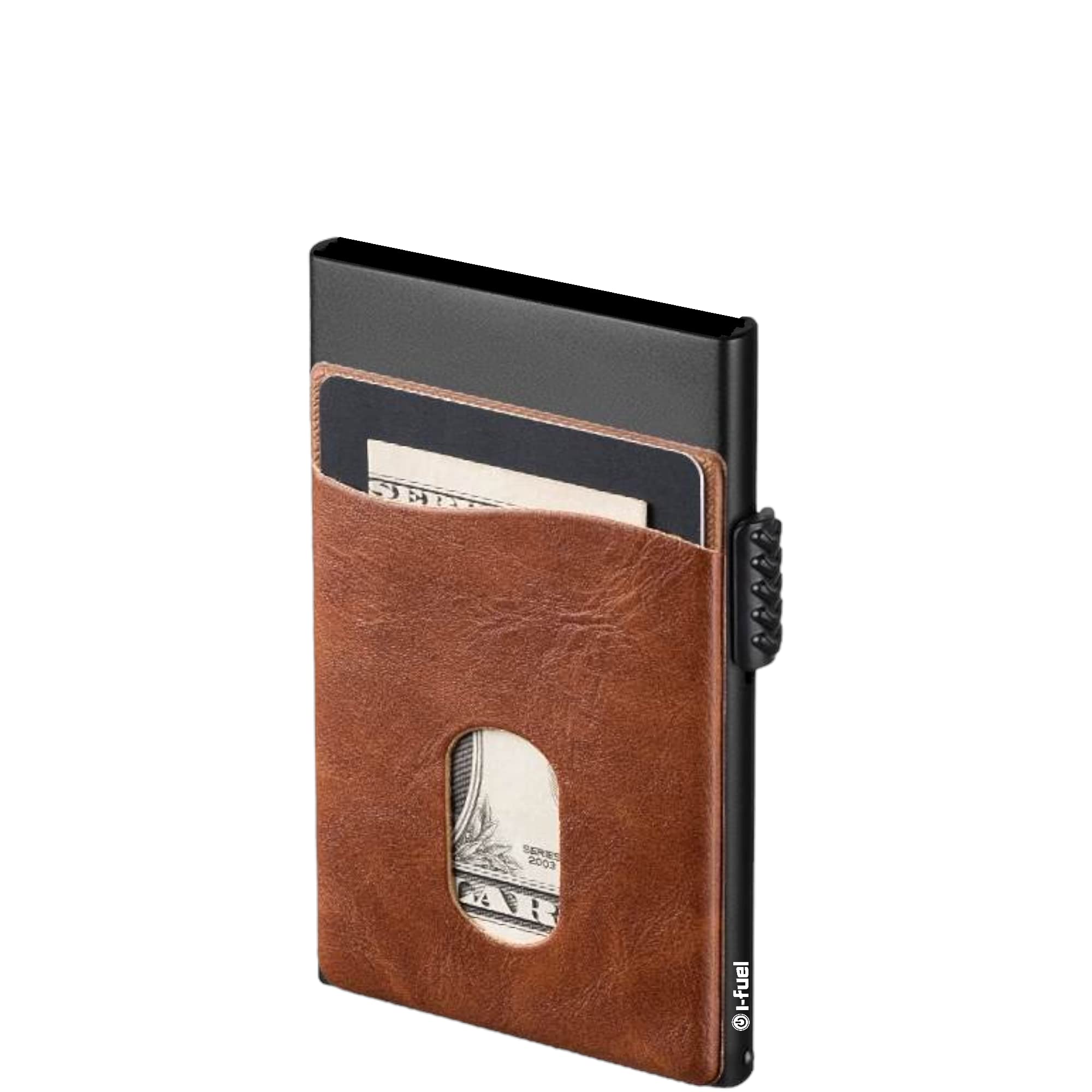 i-Fuel Credit Card Holder, RFID Blocking, Slim Metal Pop Up Card Holder with Front Leather Pocket. Wallet for Men Holds 5 Cards, 2 Colour Options - Light Brown