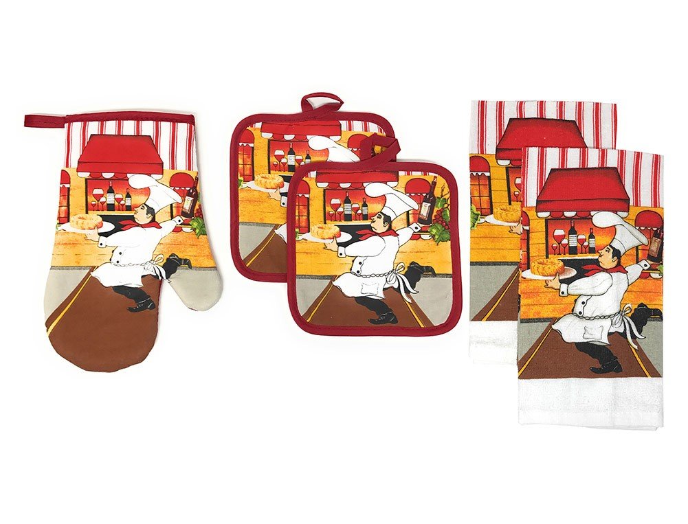5 Piece Set Includes 2 Kitchen Towels, 2 Pot Holders and 1 Oven Mitt, Italian Chef