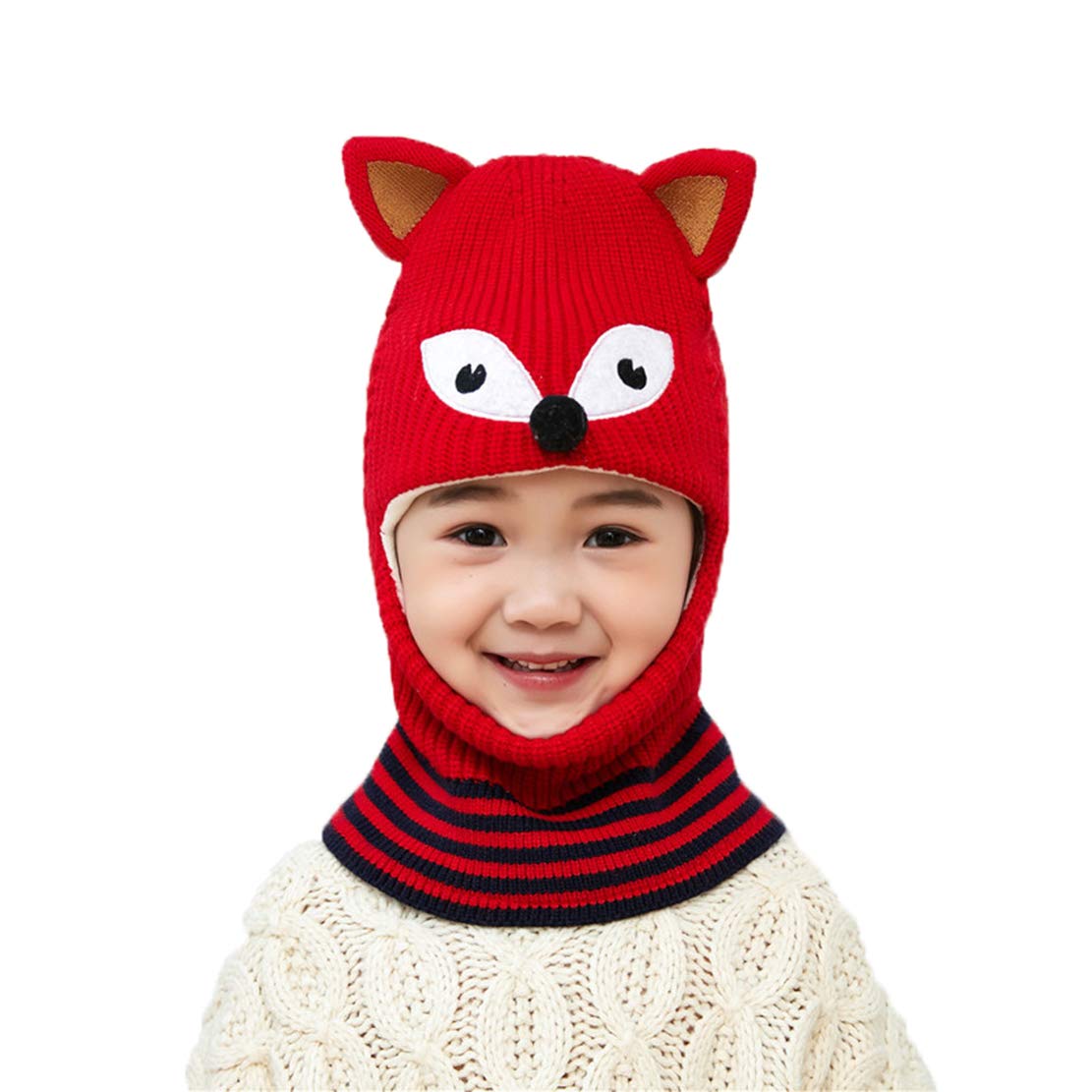 JINTN Baby Knitted Hood Cap Girls Boys Warm Earflap Scarve Cap Plush Lined Hat Winter Beanie Hat Toddler Cute Cartoon Fox Thermal Hat for Kids Age 2-5 Years Red