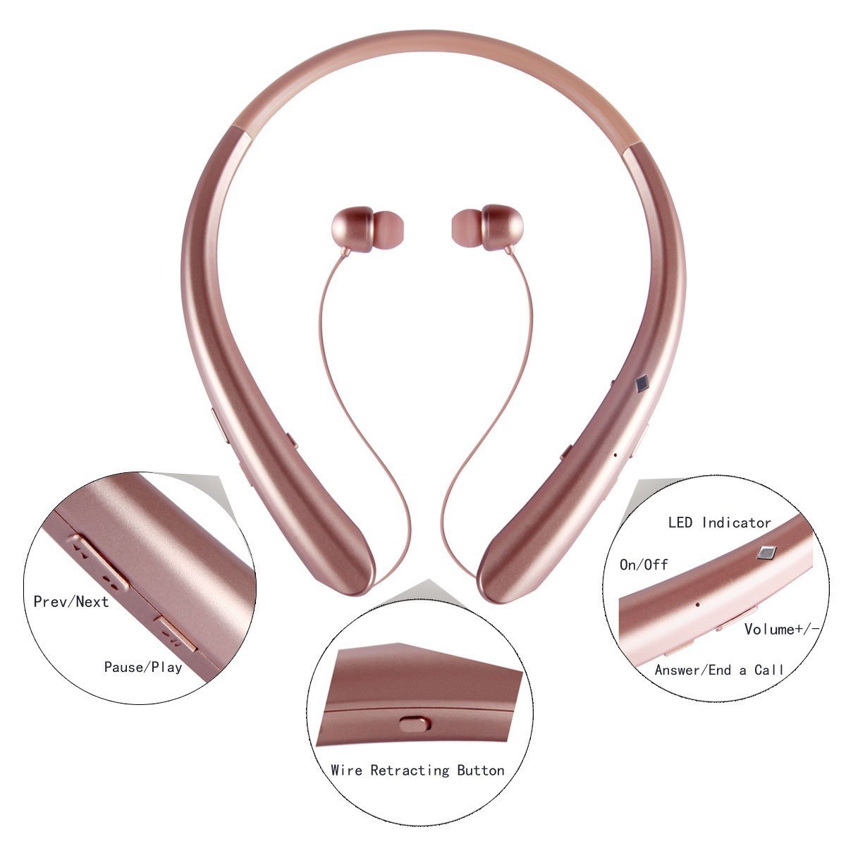 Bluetooth Neckband Retractable Headphones, Wireless Sweatproof Sports Headset Earbuds In ear Stereo Noise Cancelling Earphone with Mic for iPhone X/8/7/6 and Android by Ashipher (Gold)