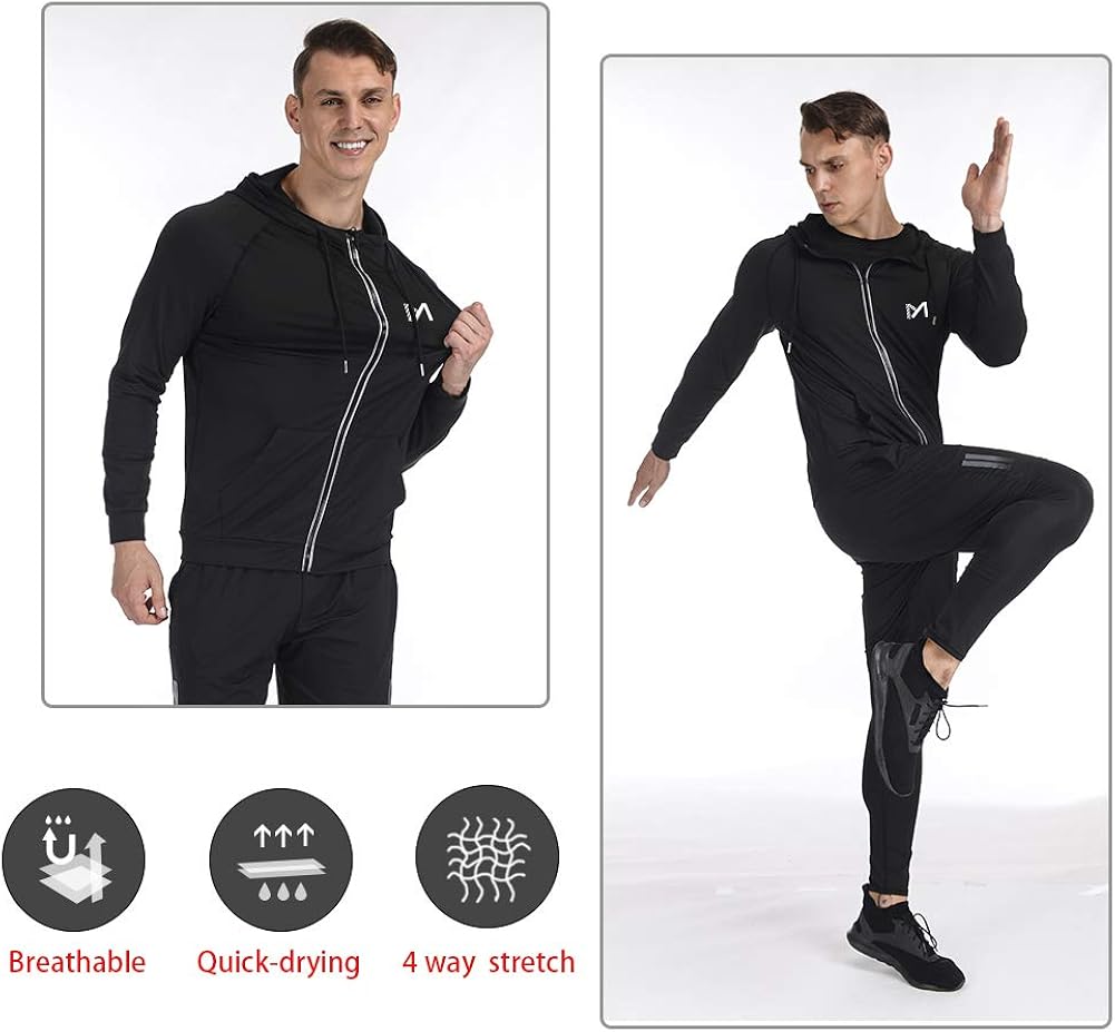 Running Jacket for Men, Long Sleeve Shirt Hooded Track Top Reflective Full Zip Sports Fitness Workout Gym Active Jacket: Clothing