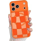 KANGHAR for iPhone 17 Pro Max Case 2025 Checkered Matte Aesthetic Cute Pattern Magnetic [Compatible with Magsafe] Slim Shockproof Full Body Protection for Girls Women -Orange