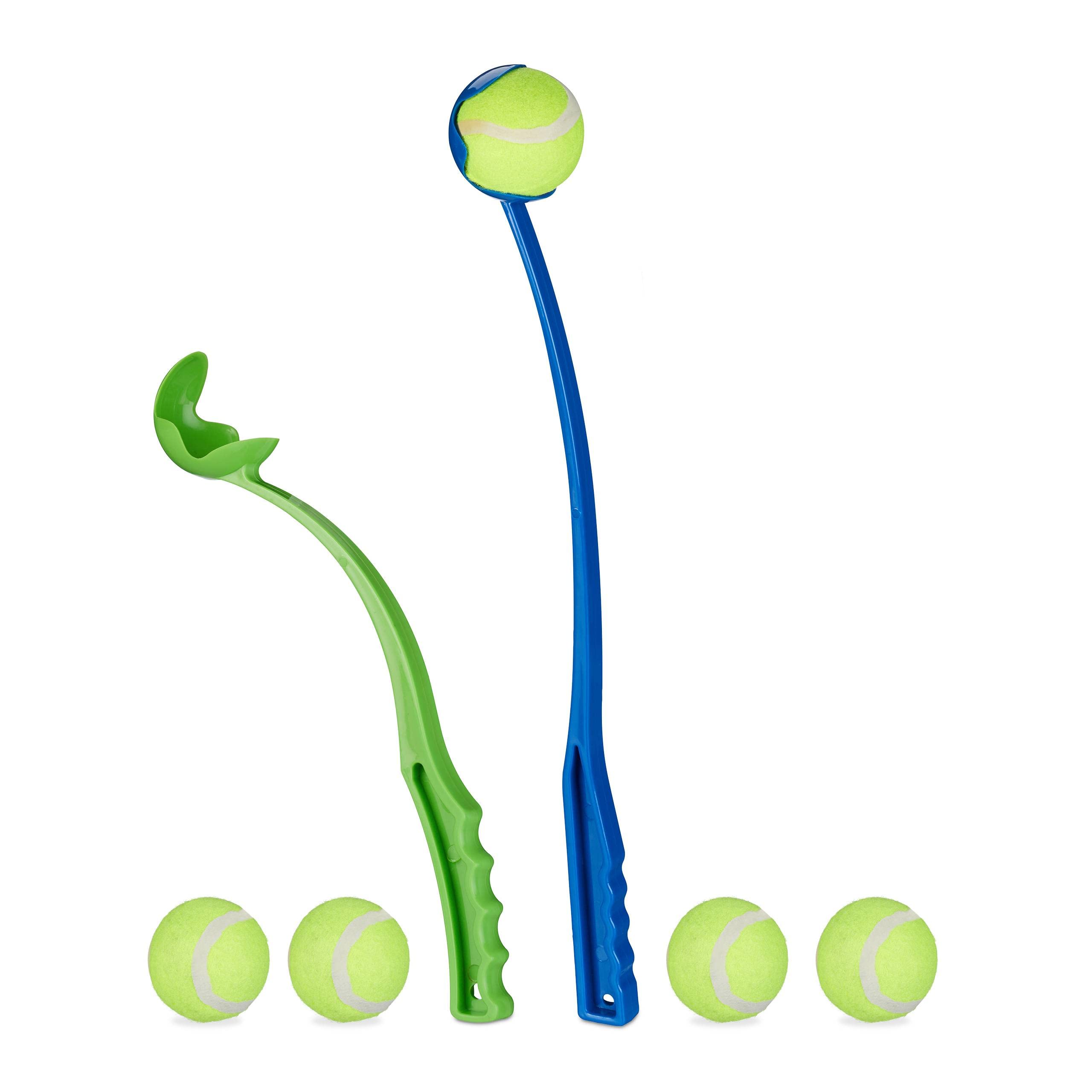 Relaxdays Ball Thrower For Dogs, Set Of 2 Ball Launcher, Includes 5 Tennis Balls, Ball Chucker, Dog Toy, Blue/green