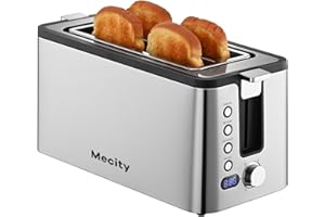 Mecity 4 Slice Toaster, Long Slot Toaster With Countdown Timer, Bagel/Defrost/Reheat/Cancel Functions,Warming Rack, Removable Tray, 6 Browning Settings, Extra Wide Slots, Stainless Steel, 1300W